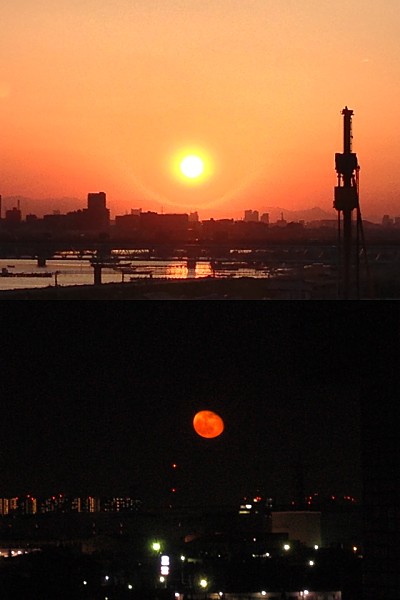 April 28, 2013 sunset & moonrise in Tokyo